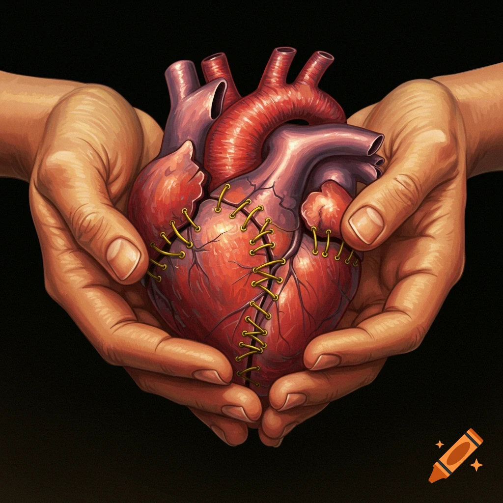Hands cupped together holding a realistic, stitched human heart against a black background, in a detailed illustrative style.