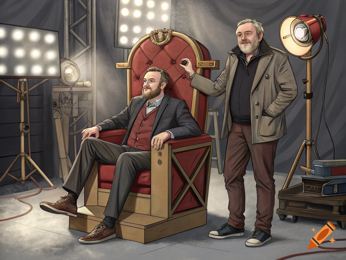 Illustration of Alex Horne seated in a red throne-like chair in a studio, with Greg Davies standing beside him.