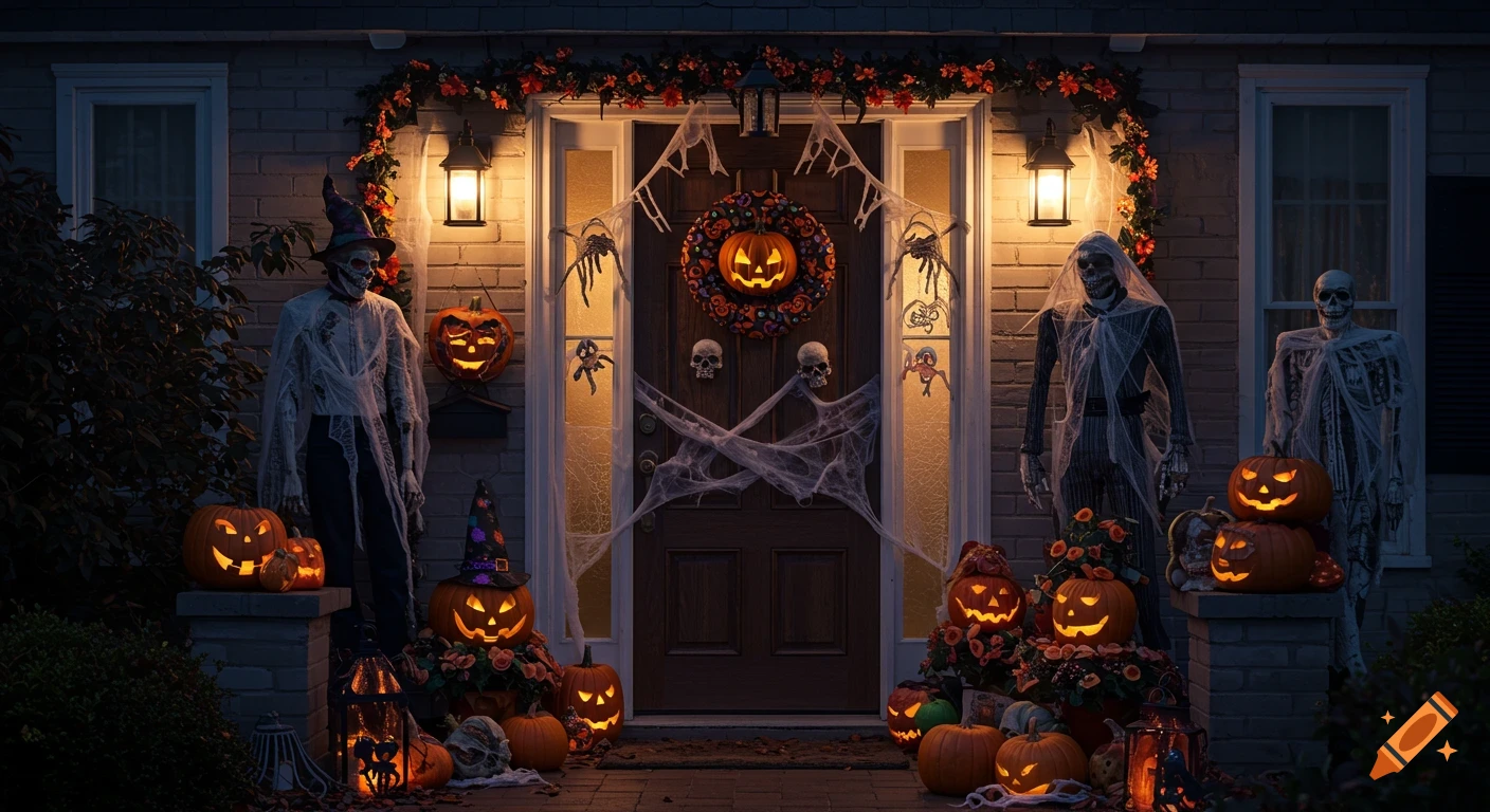 Photorealistic image of a house front door decorated for Halloween at night with glowing jack-o'-lanterns, skeletons, and spiderwebs.
