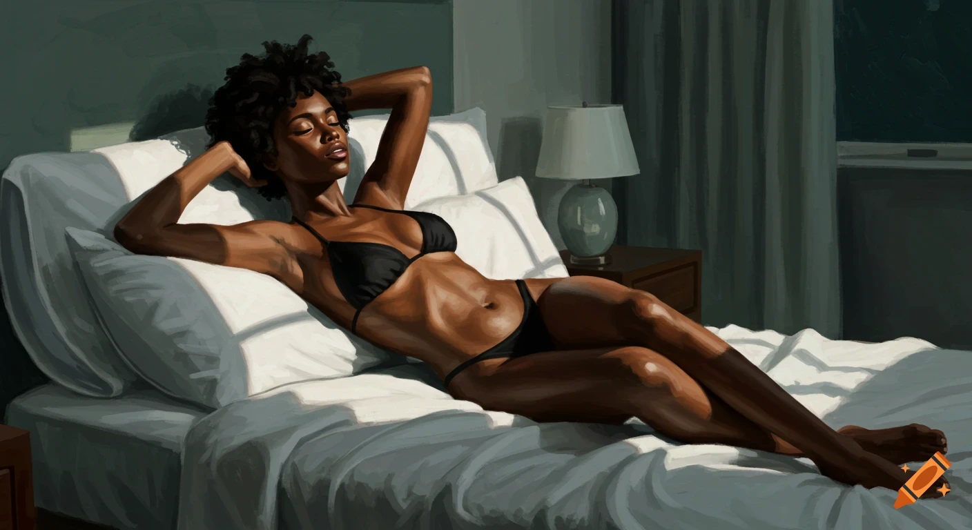 A black woman in a black bikini lies relaxed on a white bed, illuminated by sunlight from a window, in a bedroom scene.