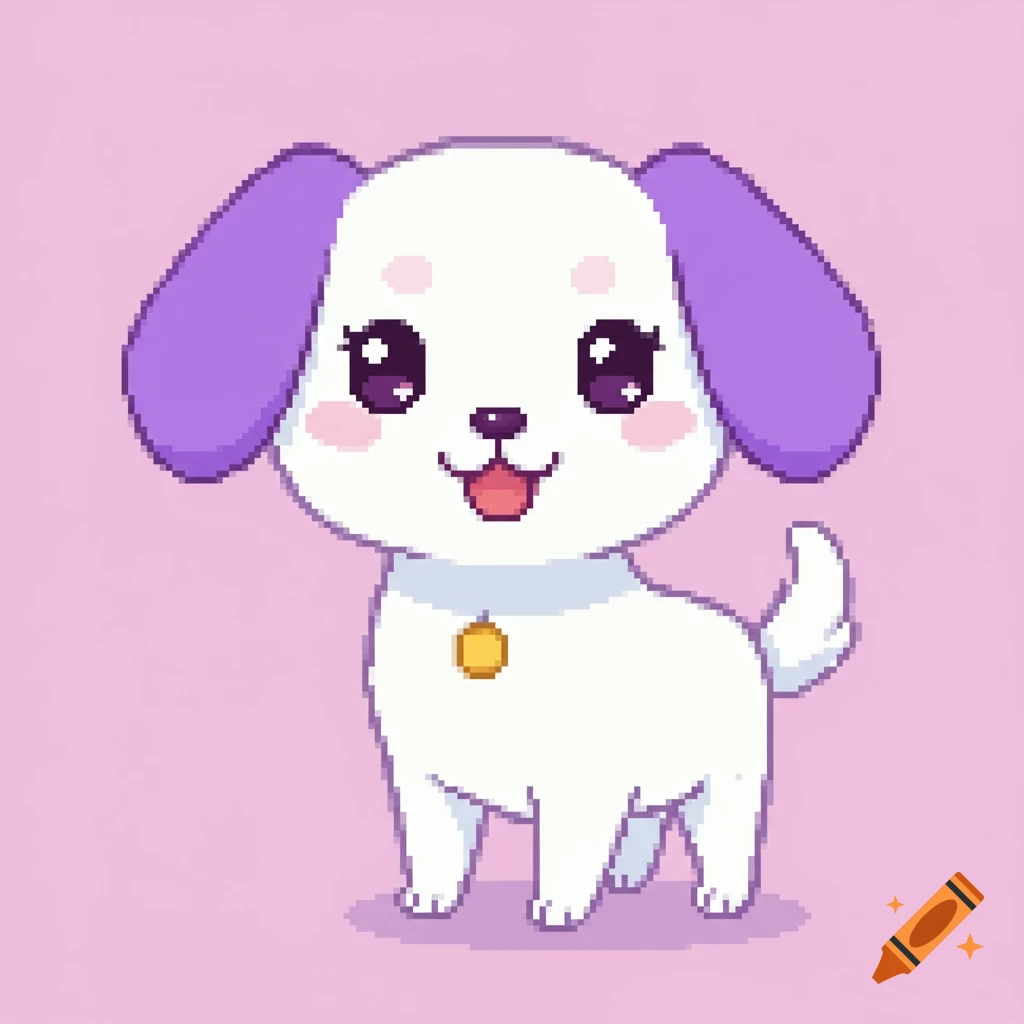 A cute white pixel art puppy with purple ears, sparkling eyes, and a pink tongue sticking out, standing against a light pink background.