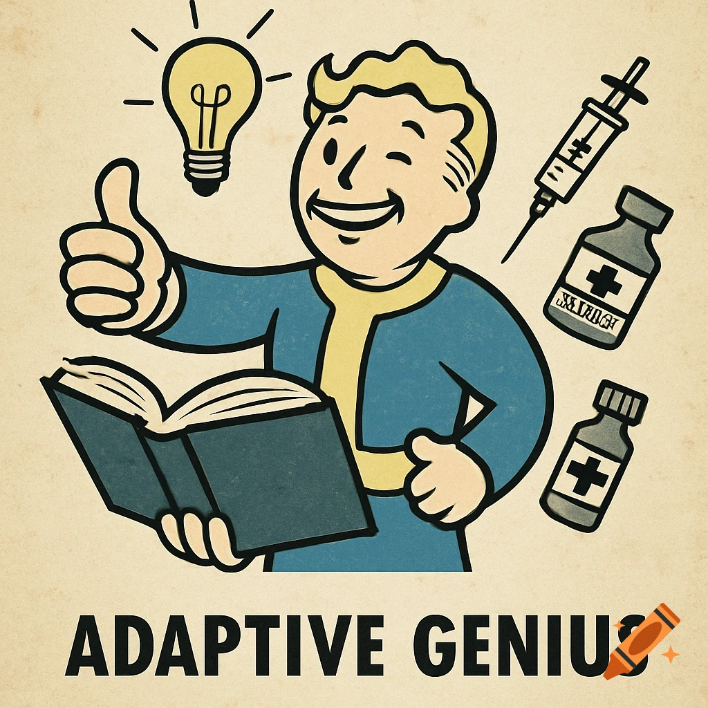A retro-style cartoon of Vault Boy from Fallout, giving a thumbs up, holding a book, with a lightbulb, syringe, and two medicine bottles. Text reads "ADAPTIVE GENIUS".