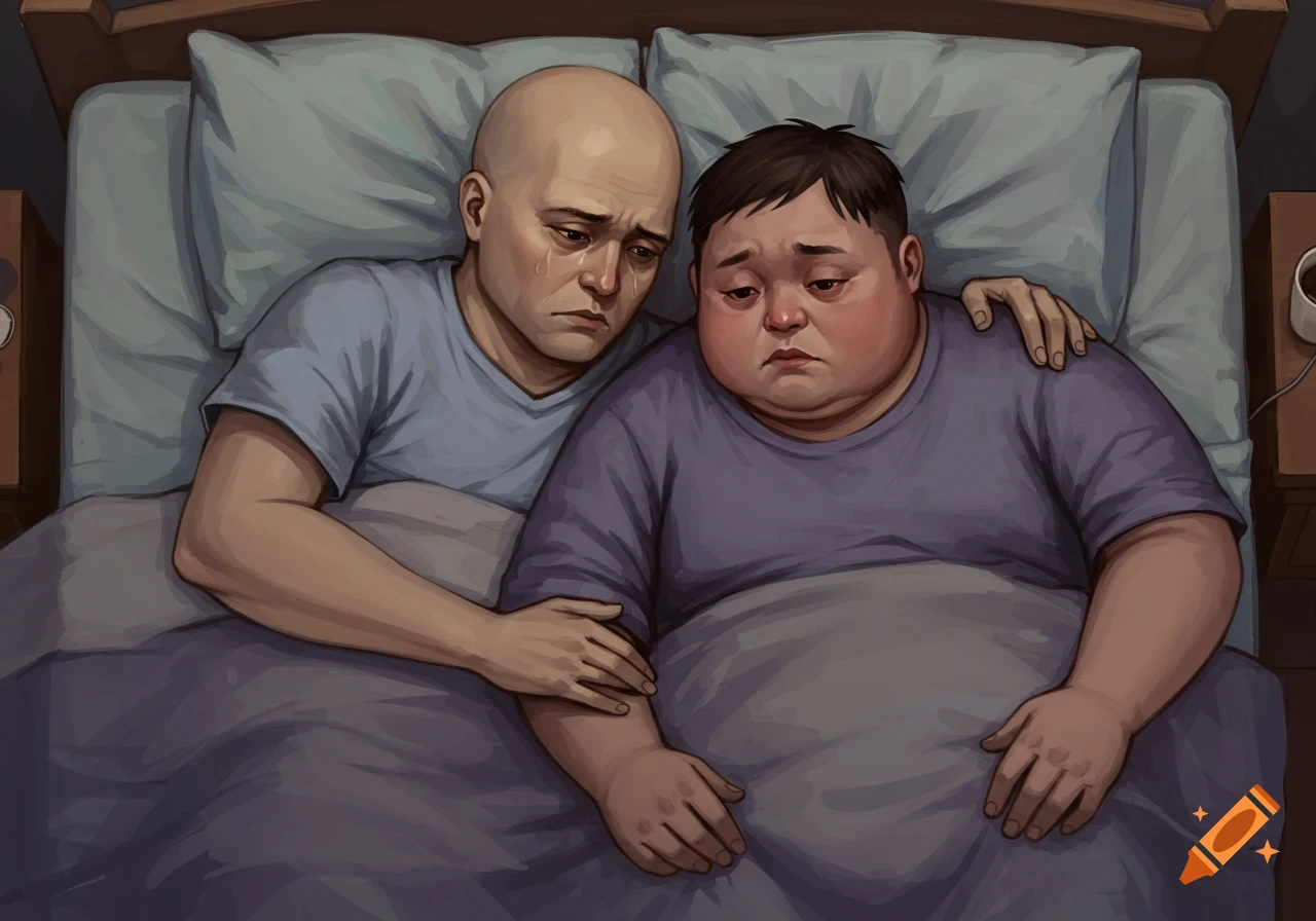 An illustration shows a bald man with tears in his eyes embracing a plump man in bed; both appear sad and distressed.