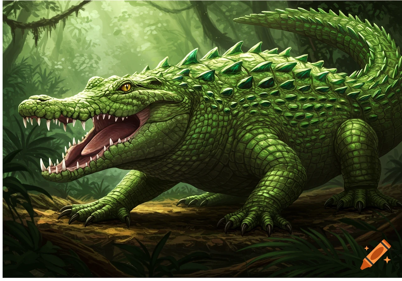 A vibrant green crocodile with its mouth wide open, standing in a lush, detailed jungle environment.