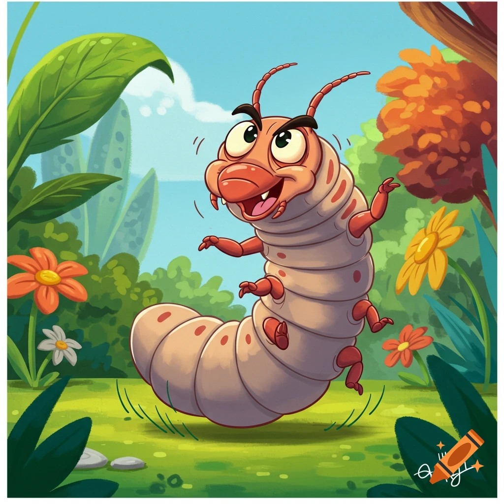 A happy cartoon grub with a red head and beige body dances in a vibrant green garden with colorful flowers.