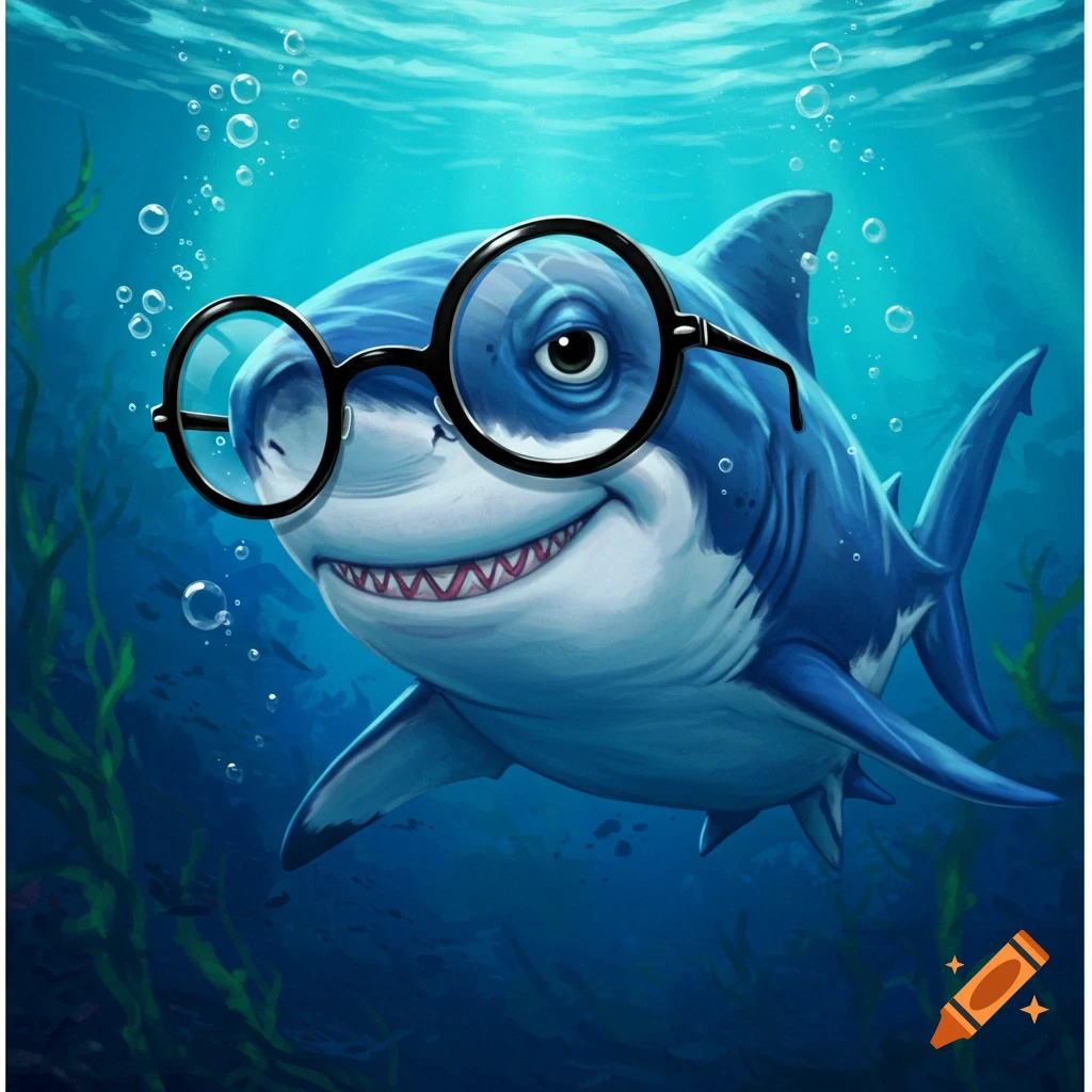 A cartoon blue shark wearing large round black glasses smiles underwater amidst bubbles and green plants.