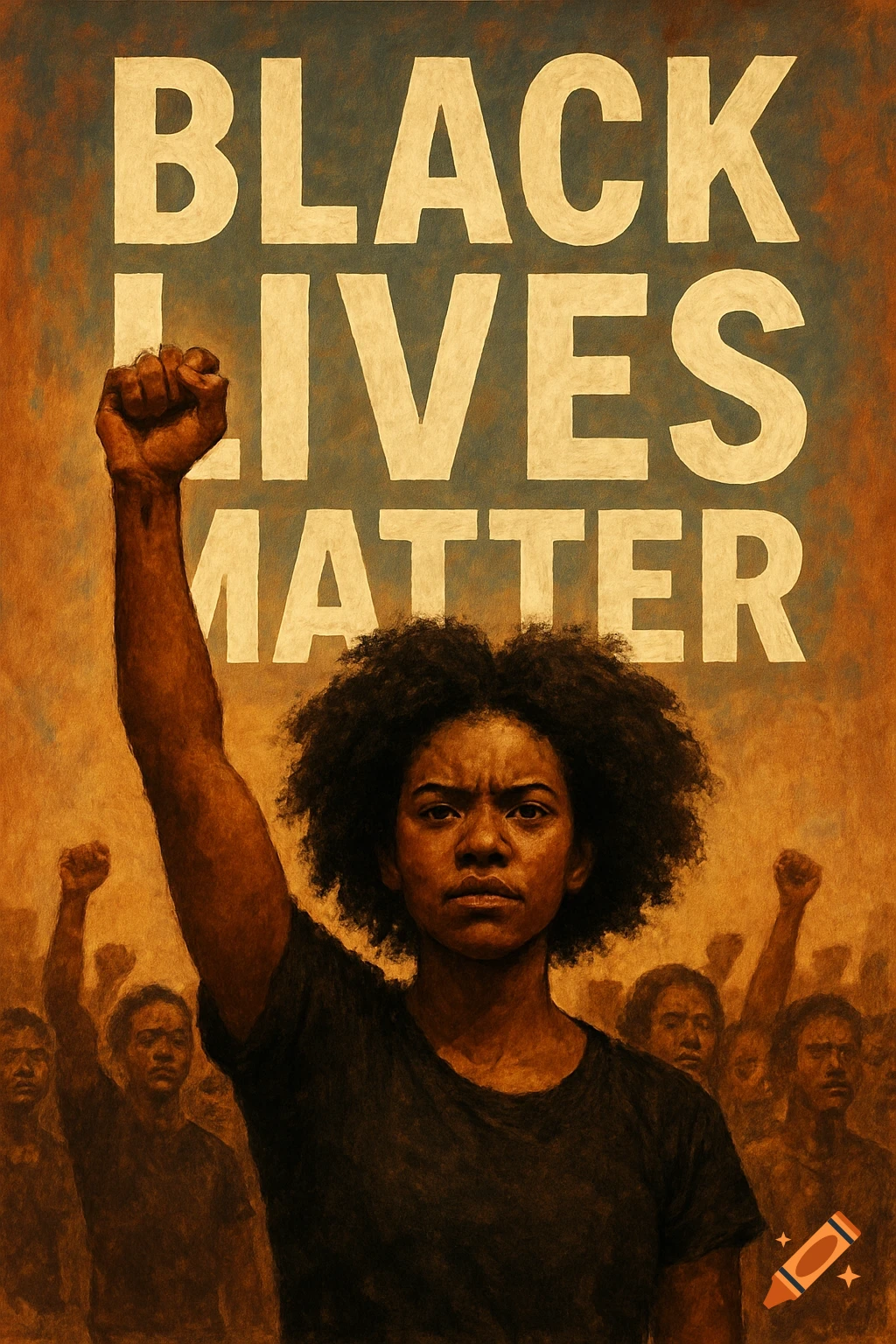 A poster-style image of a person with a raised fist in front of a crowd, with 'BLACK LIVES MATTER' text above, in an expressive, painterly style.