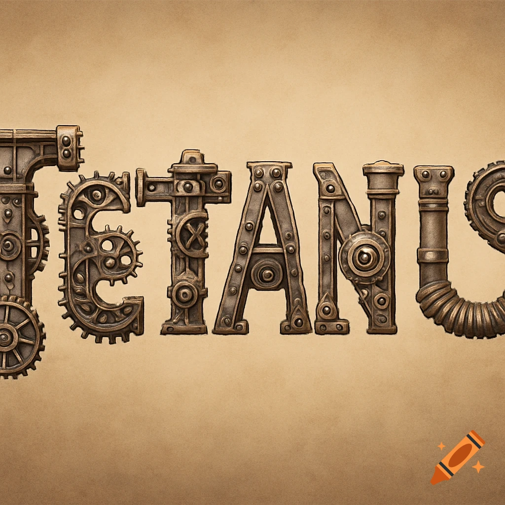 The word TETNUS rendered in a steampunk style, with each letter made of gears, pipes, and metal parts.