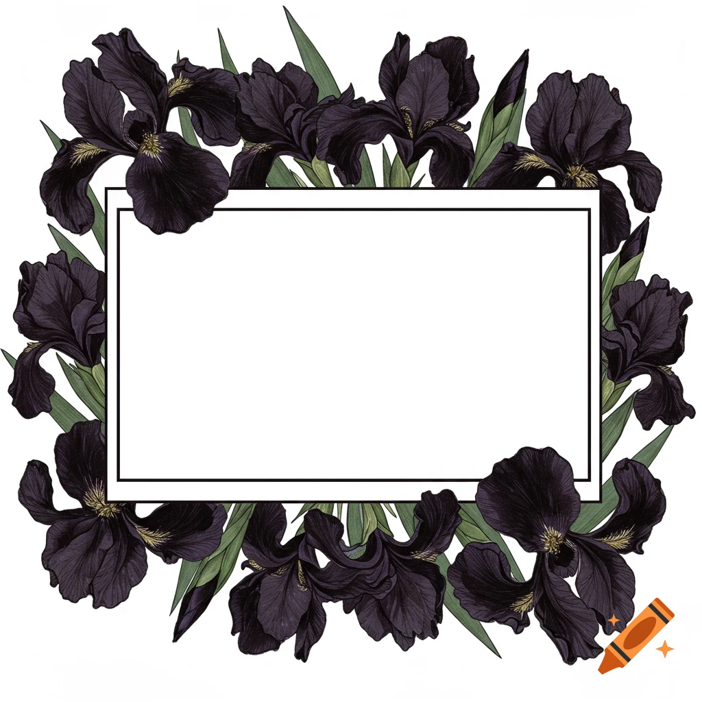 A decorative border of dark purple irises and green leaves surrounding a white rectangular space.