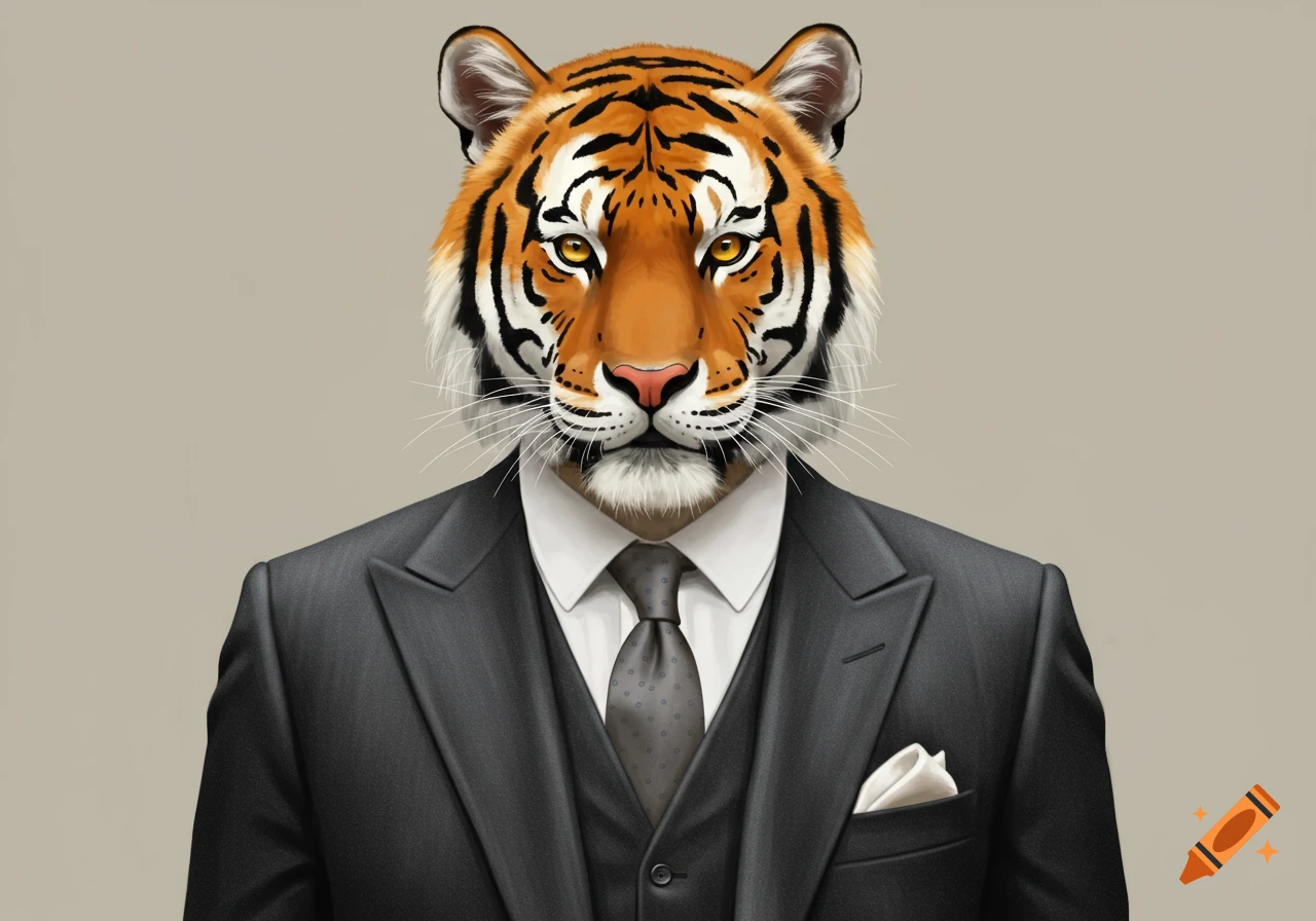 A realistic illustration of a tiger wearing a dark business suit with a white shirt and gray tie.