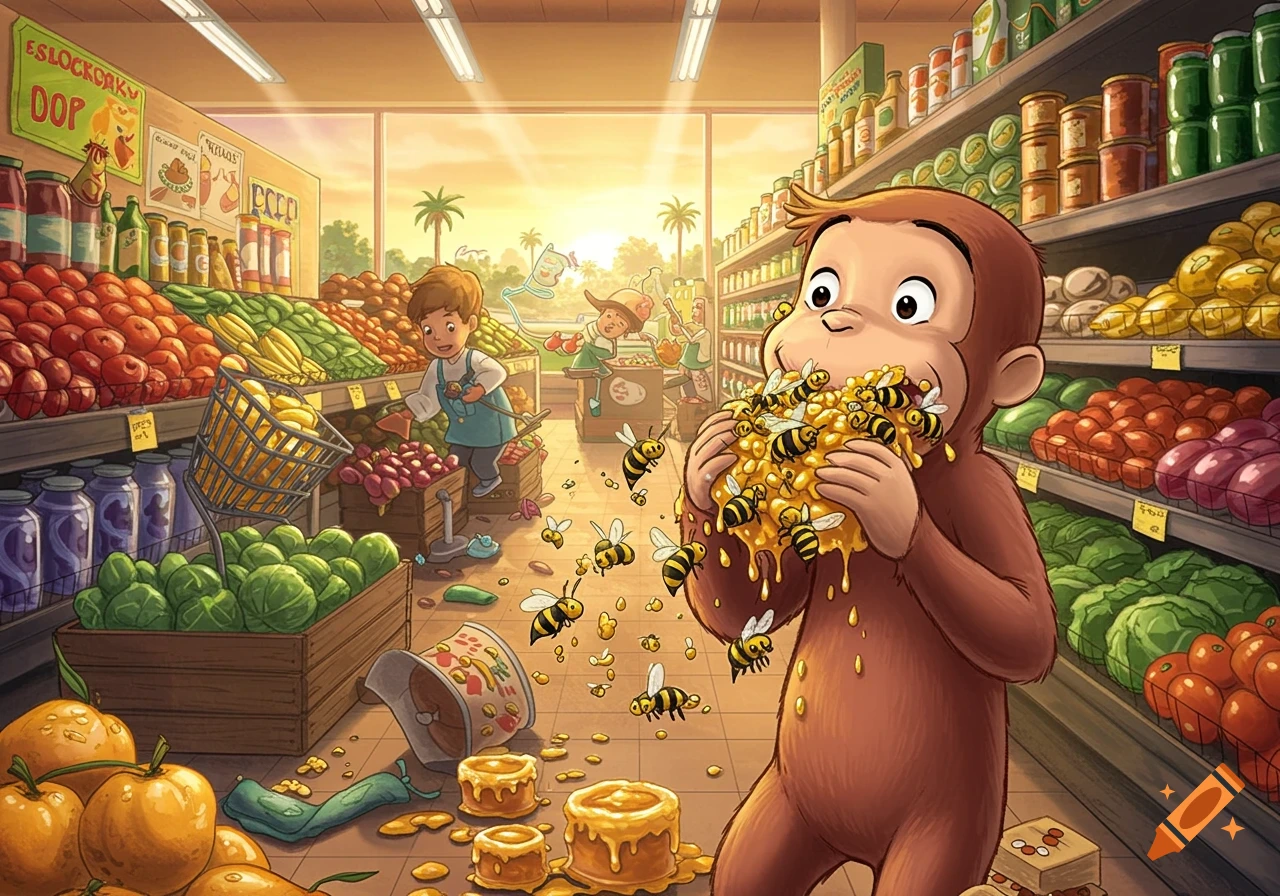 Curious George, a monkey, eats bees and honey while creating a mess in a brightly lit cartoon grocery store at sunset.