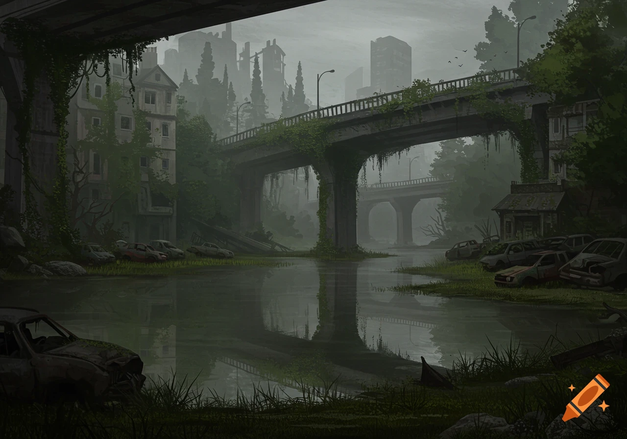 A moody, post-apocalyptic landscape with a murky lake reflecting an overgrown bridge, decaying buildings, and rusted cars under a gray sky.