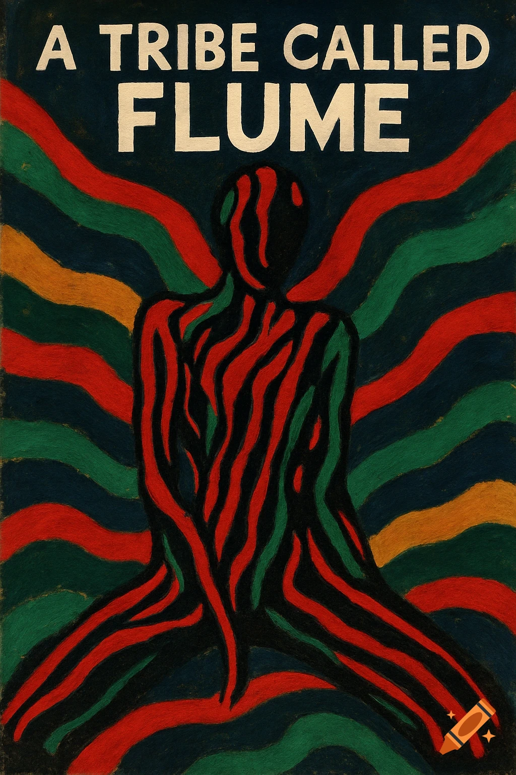 Album cover with a black silhouette figure made of wavy red and green stripes on a dark blue background with radiating red, green, and orange lines. Text reads 'A TRIBE CALLED FLUME'.