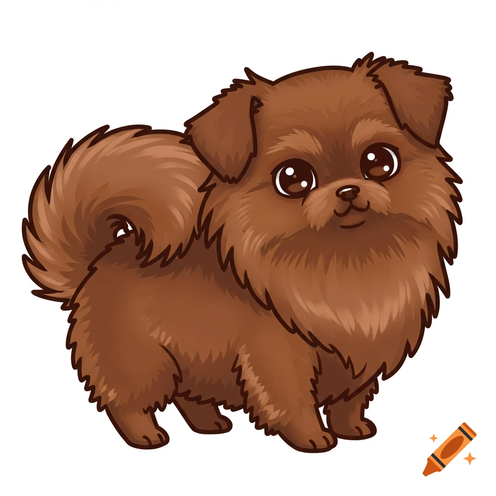 A brown clip art pomchi dog with fluffy fur and large eyes.
