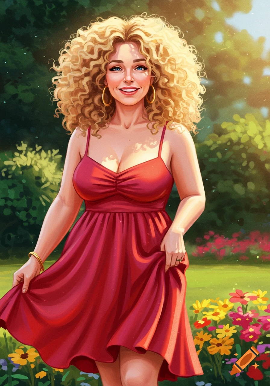 A smiling woman with blonde curly hair in a red sundress stands in a vibrant garden, holding her skirt.