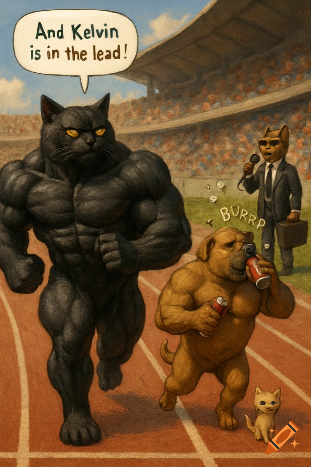 A very muscular black cat runs on a track, followed by a buff dog burping while drinking soda. A small tan cat watches, and a cat announcer is in the background.