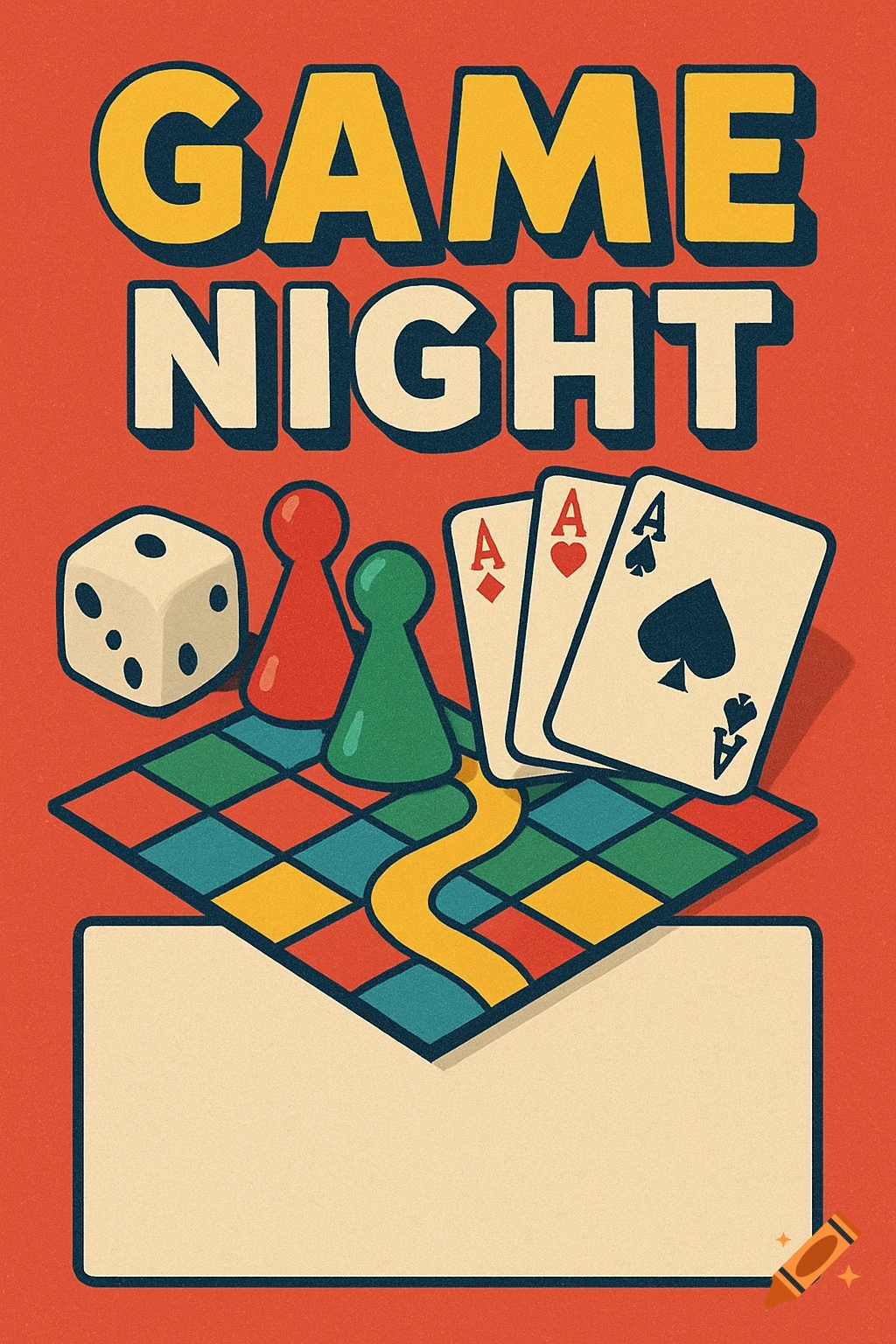A retro-style flyer with "GAME NIGHT" text, a die, two pawns, playing cards, and a board game design on an orange background.