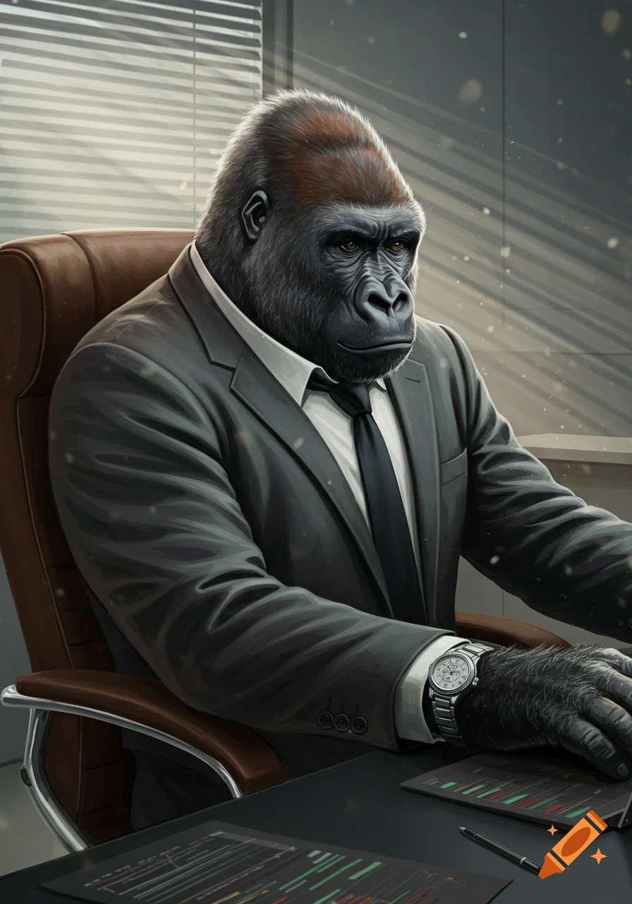 A photorealistic gorilla in a suit and tie sits at a desk, looking at charts, with a watch on its wrist.