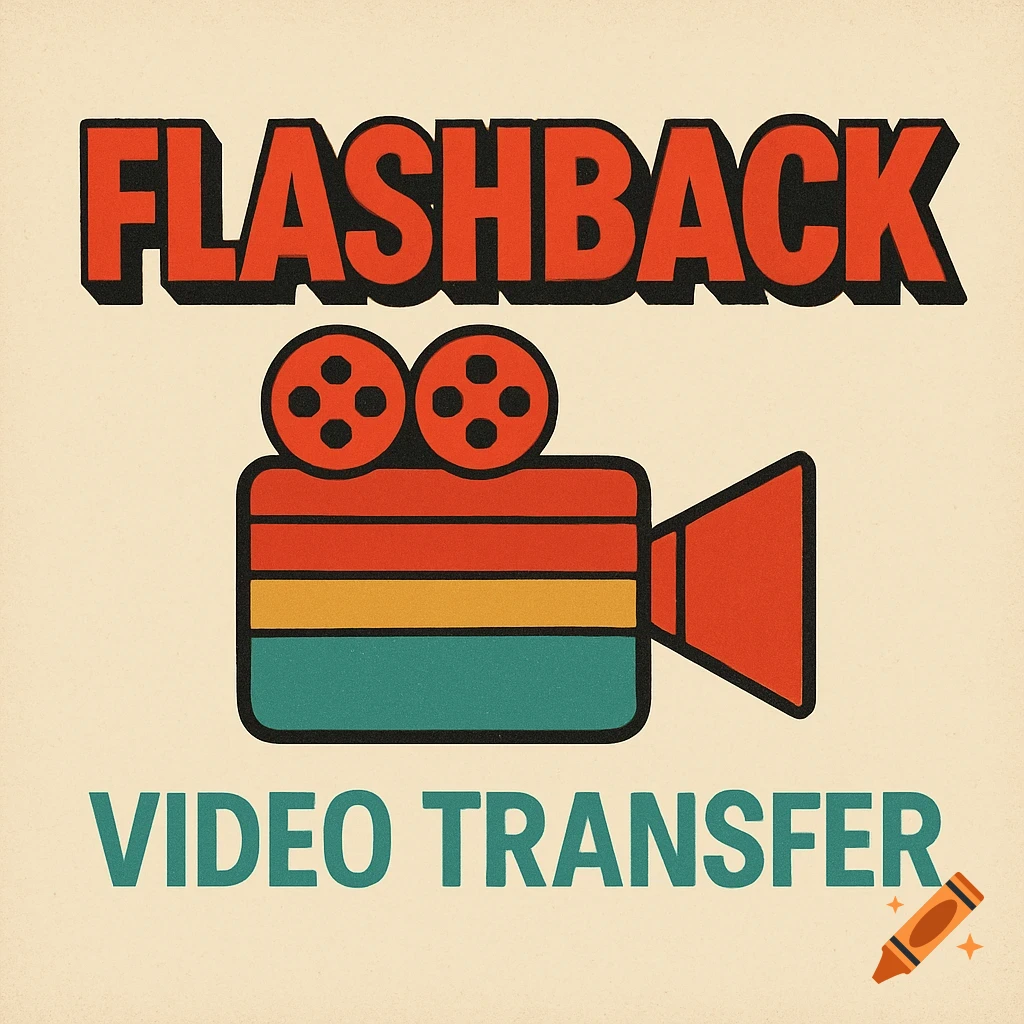 Retro-style logo featuring a vintage film camera icon with the words 'FLASHBACK' above and 'VIDEO TRANSFER' below, on a textured cream background.