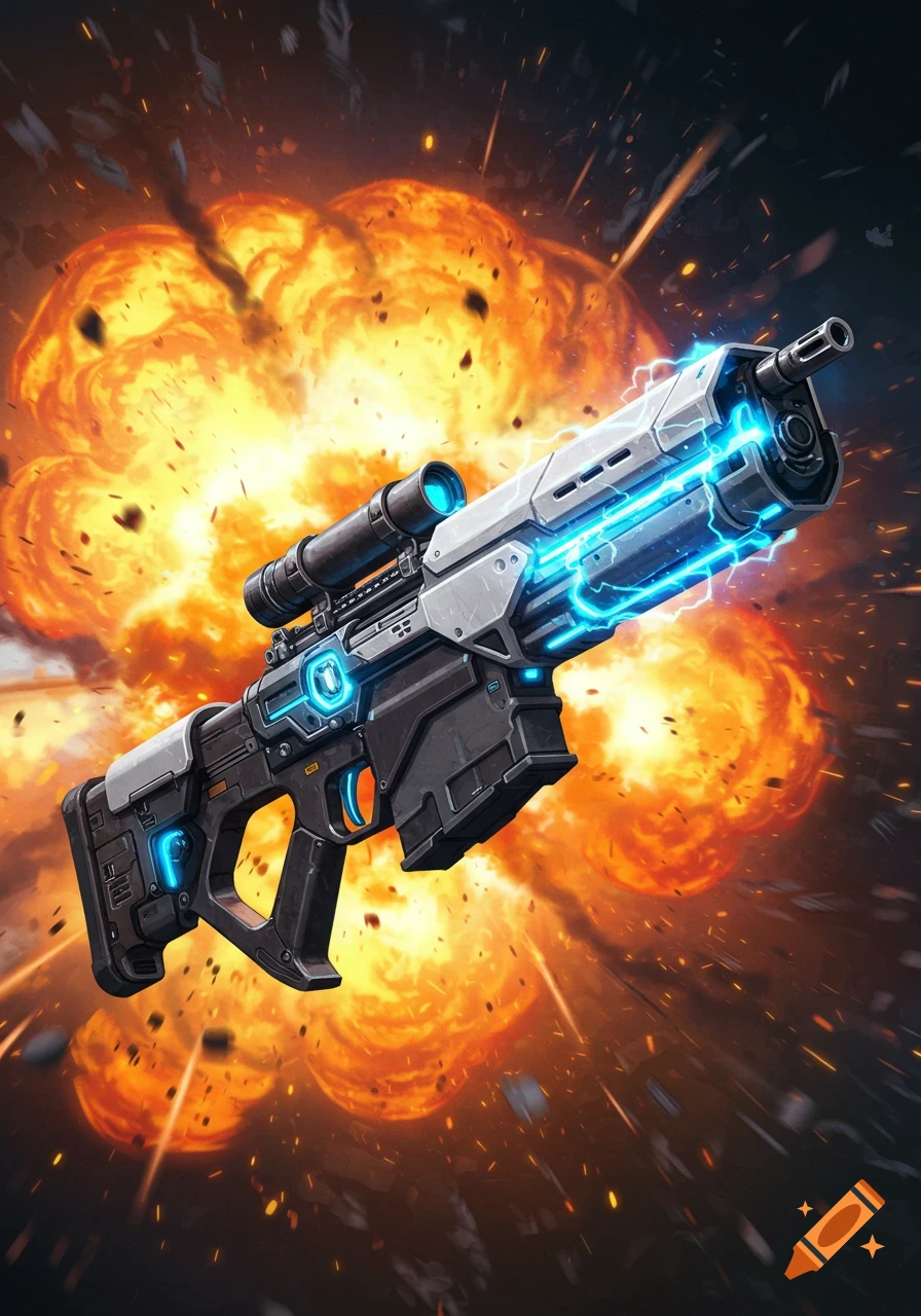 A futuristic sci-fi rifle with glowing blue energy set against a fiery orange explosion, rendered as a digital illustration.