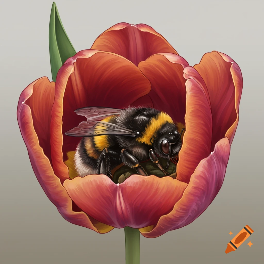 A realistic illustration of a bumblebee resting inside a red tulip.