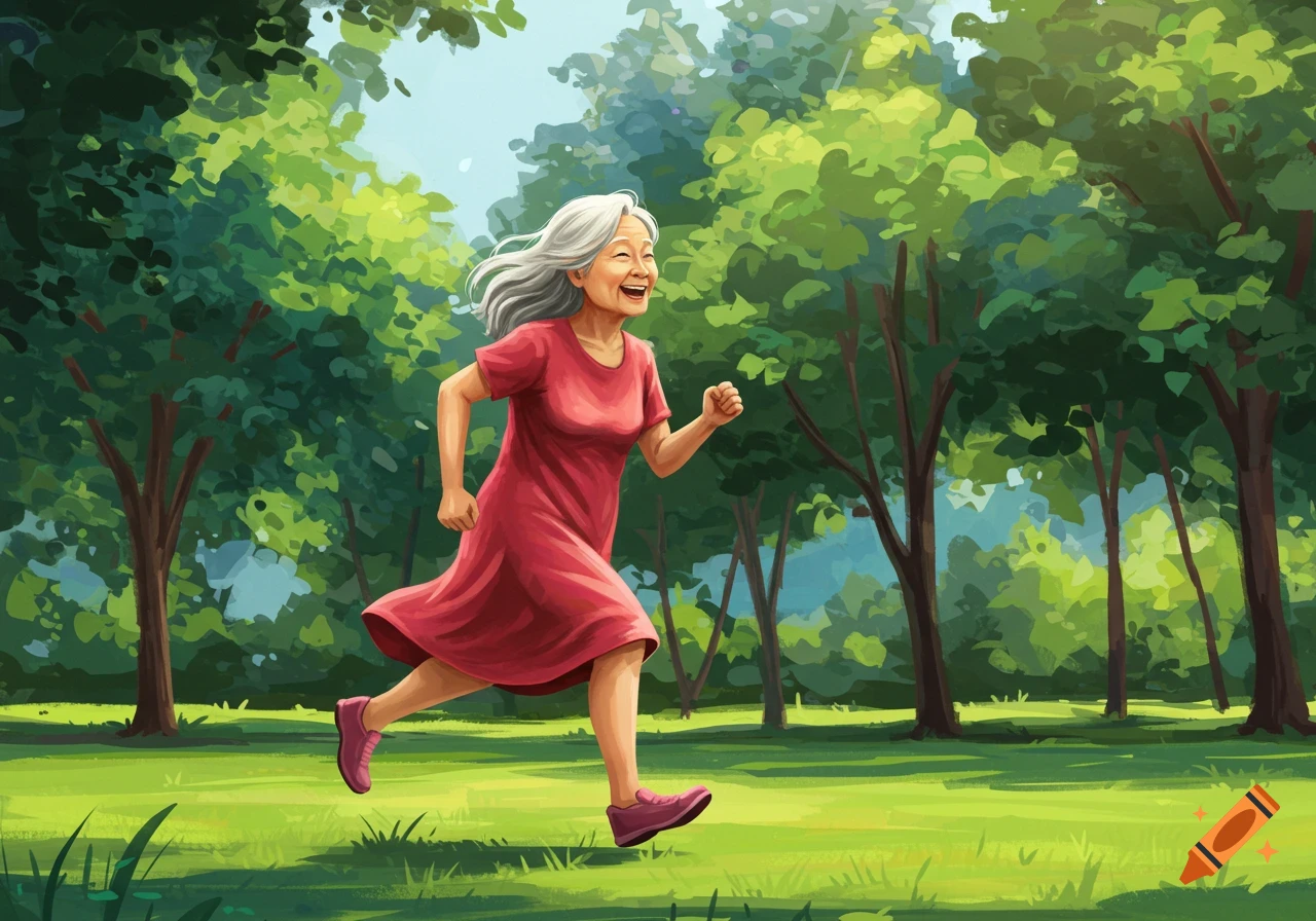 An elderly Asian woman with white hair smiles while running through a sunny green park, illustration.