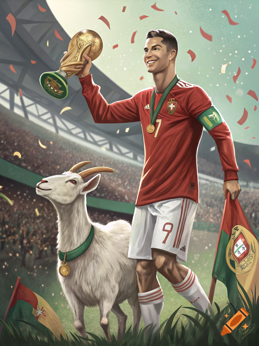 Illustration of Cristiano Ronaldo holding the World Cup trophy in a stadium, with a goat next to him, and confetti falling.