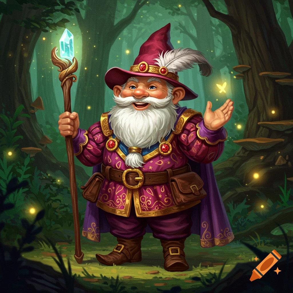 A cheerful gnome wizard in a purple and gold outfit holds a glowing crystal staff in a magical forest with fireflies.