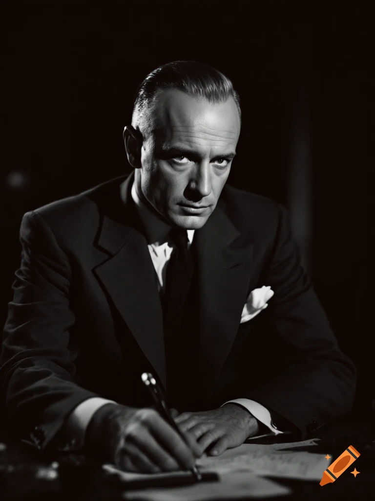 A man in a suit with slicked-back hair sits at a desk, looking directly at the viewer while writing on paper. Black and white, film noir style.