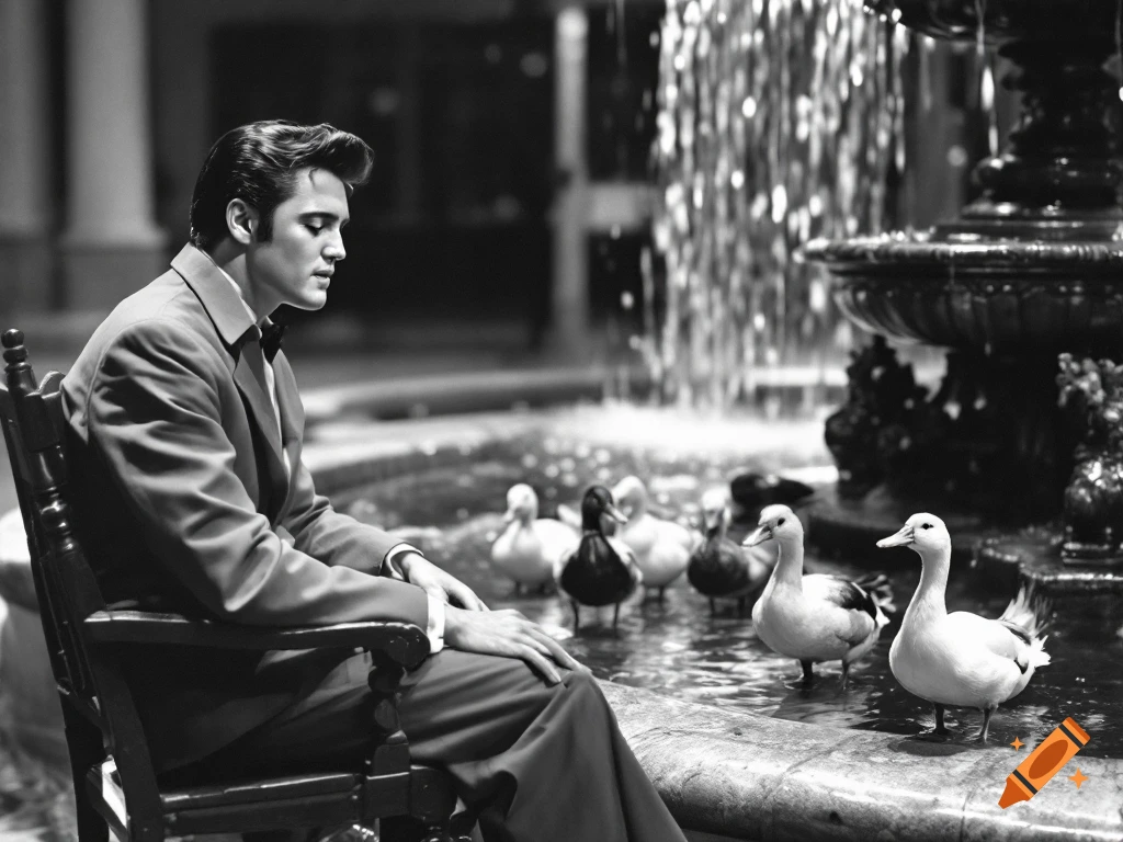 Black and white photo of Elvis Presley, eyes closed, seated by a fountain with ducks.