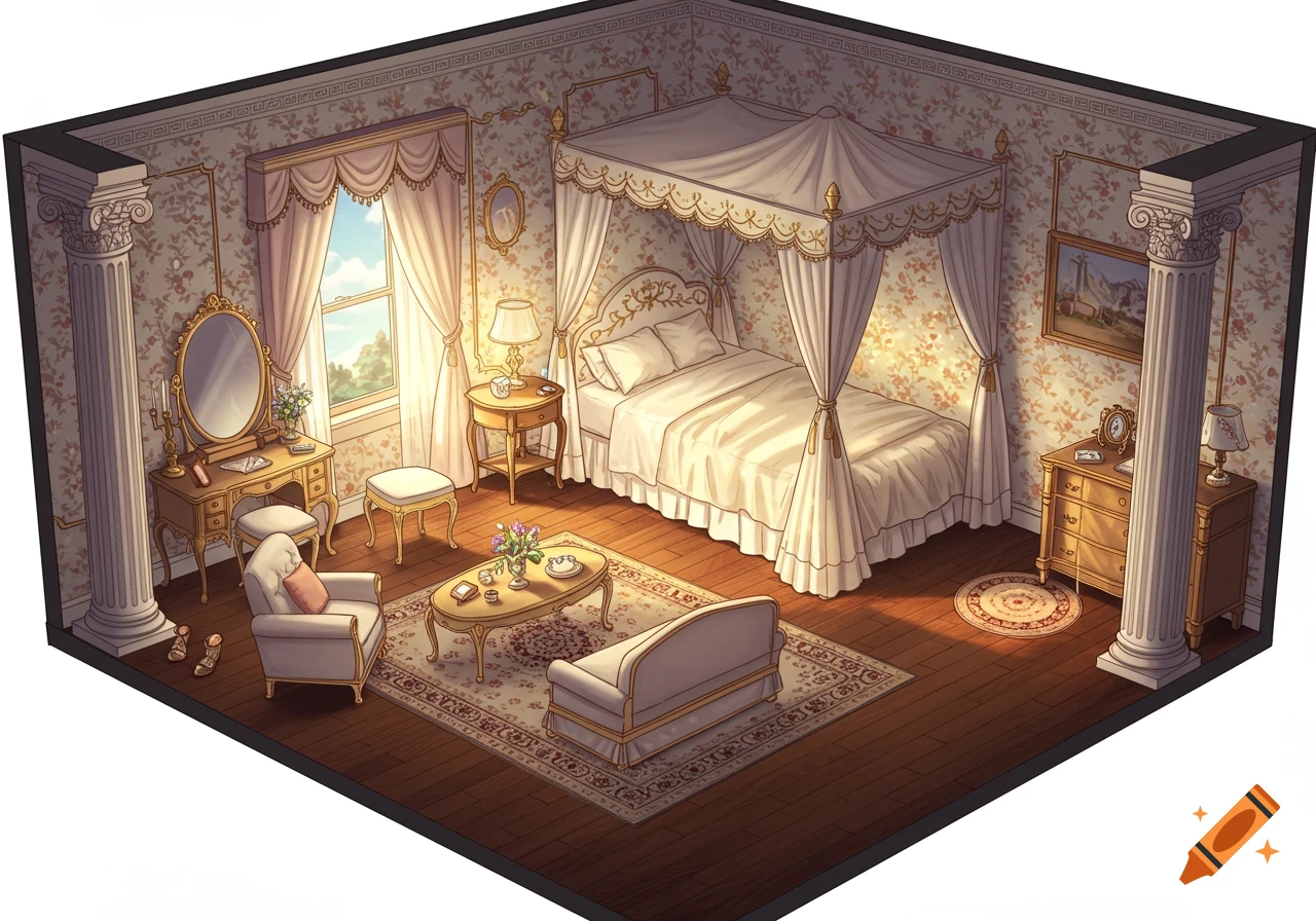 An ornate sunlit bedroom in an isometric view, featuring a four-poster bed with a white canopy, floral wallpaper, and dark wood floors. A vanity, seating area with a patterned rug, and classical columns are visible.