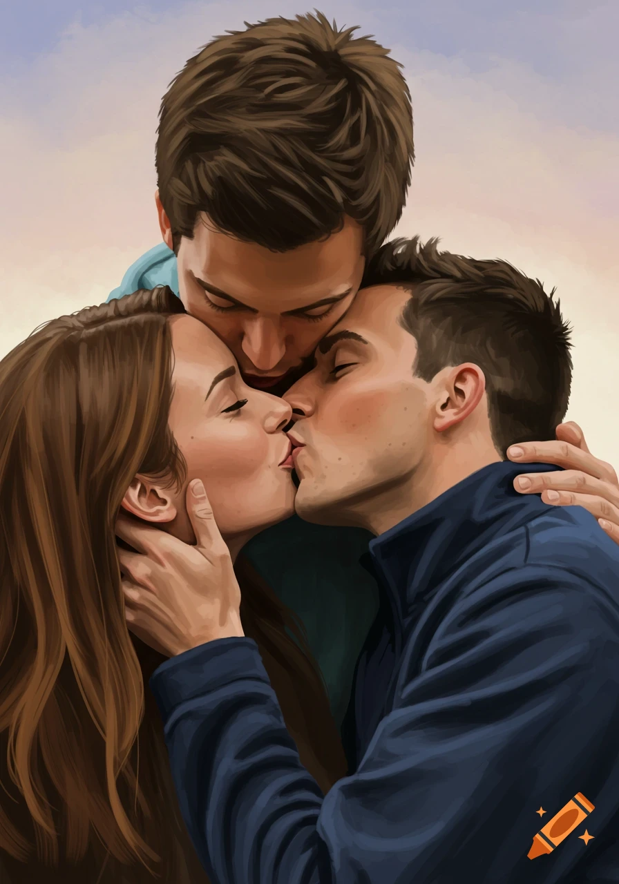 A painting of three people embracing, two kissing on the lips, and a third person kissing the head of one of them.