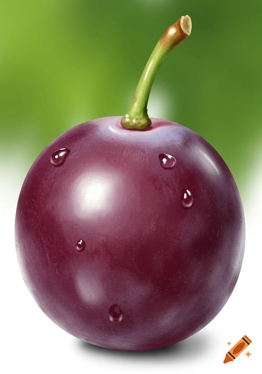 A single purple grape with water droplets on its skin and a green stem, set against a blurred green background.