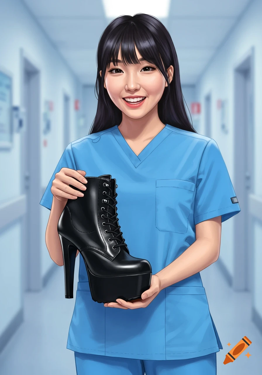 An illustrated image of a smiling nurse in blue scrubs holding a black high-heeled boot in a hospital hallway.