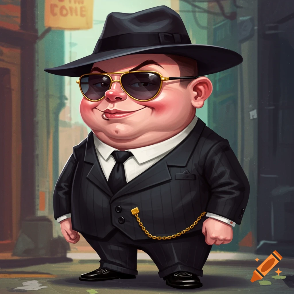 A portly, cartoon man wearing a pinstripe suit, black fedora, and sunglasses, with a mischievous smirk, standing in a stylized city street.