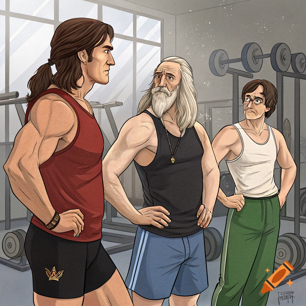 An illustration of three muscular men resembling Harry Potter characters working out in a gym.