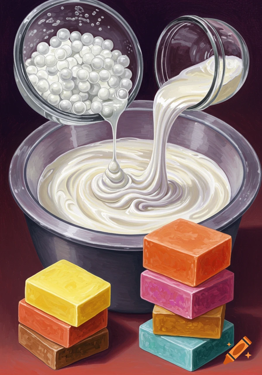 Illustration of ingredients for making homemade soap, with white liquids pouring into a bowl and colorful soap bars stacked in the foreground.