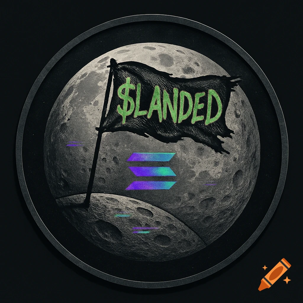 A circular crypto token logo featuring a tattered flag with '$LANDED' text on a gray moon, with a Solana logo.