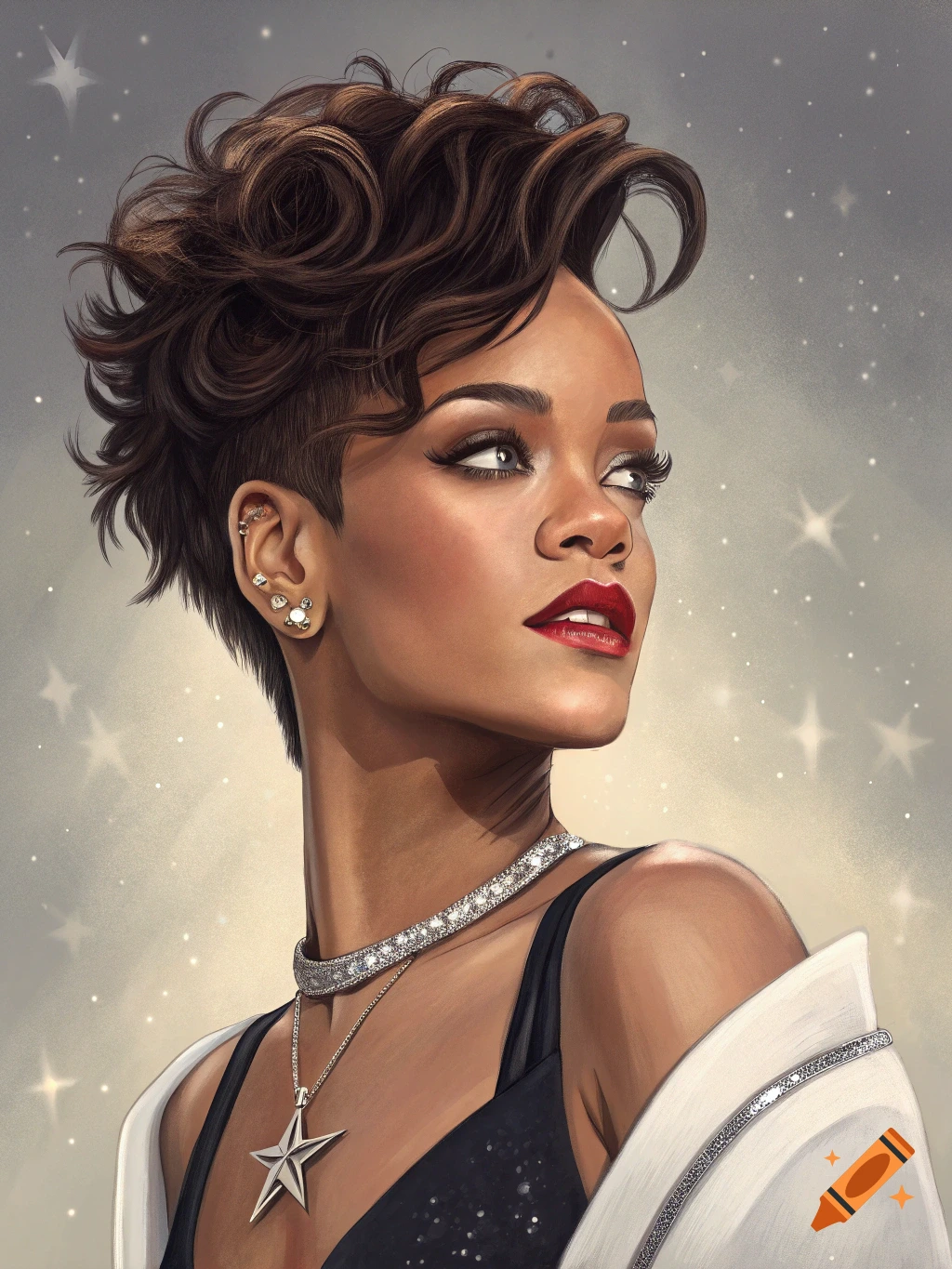Stylized portrait of Rihanna with short hair, wearing a diamond choker and star pendant, looking up against a starry background.