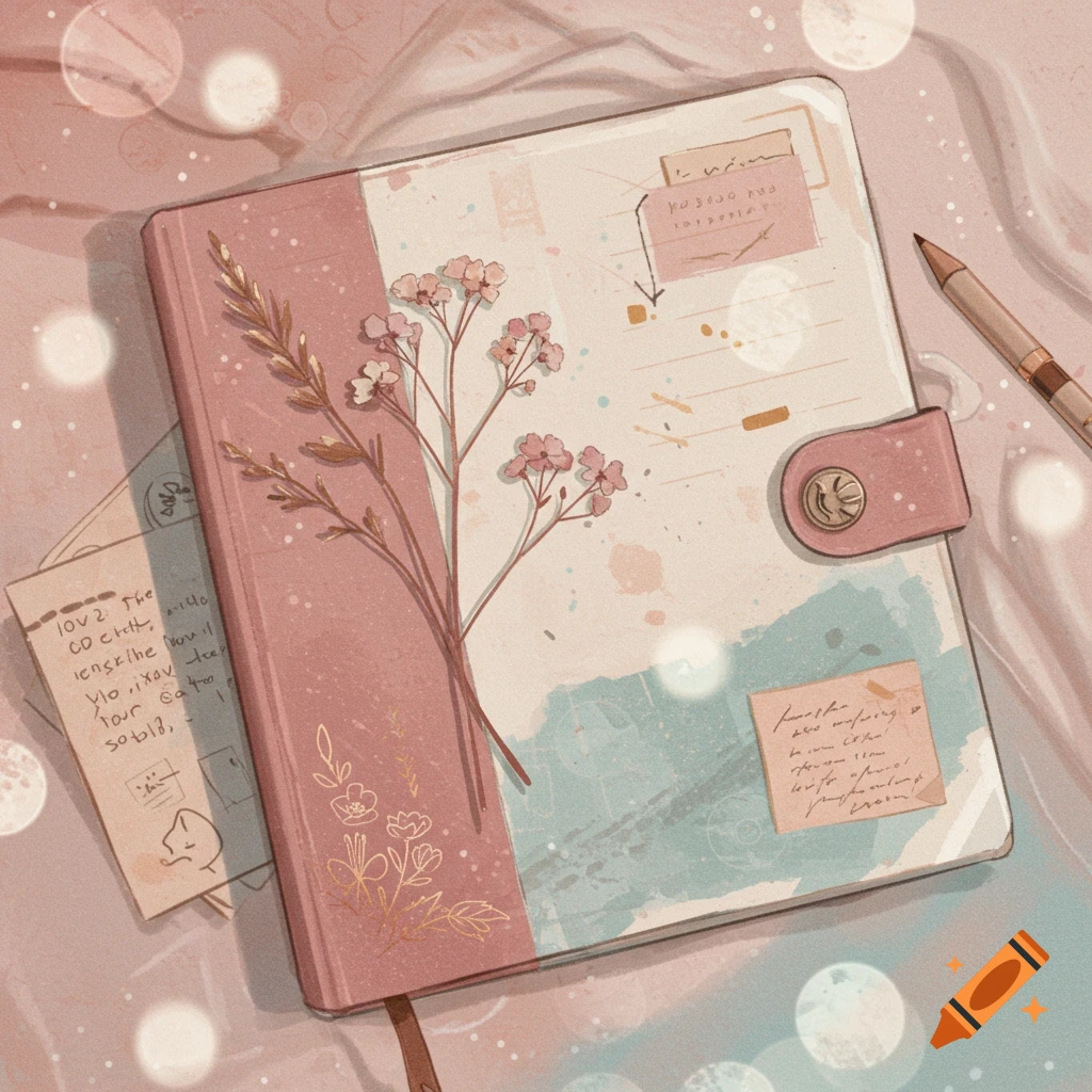A warm-toned, top-down view of an aesthetic notebook with a pink and cream cover adorned with delicate floral illustrations, a pen, and small handwritten notes, featuring soft bokeh lights.