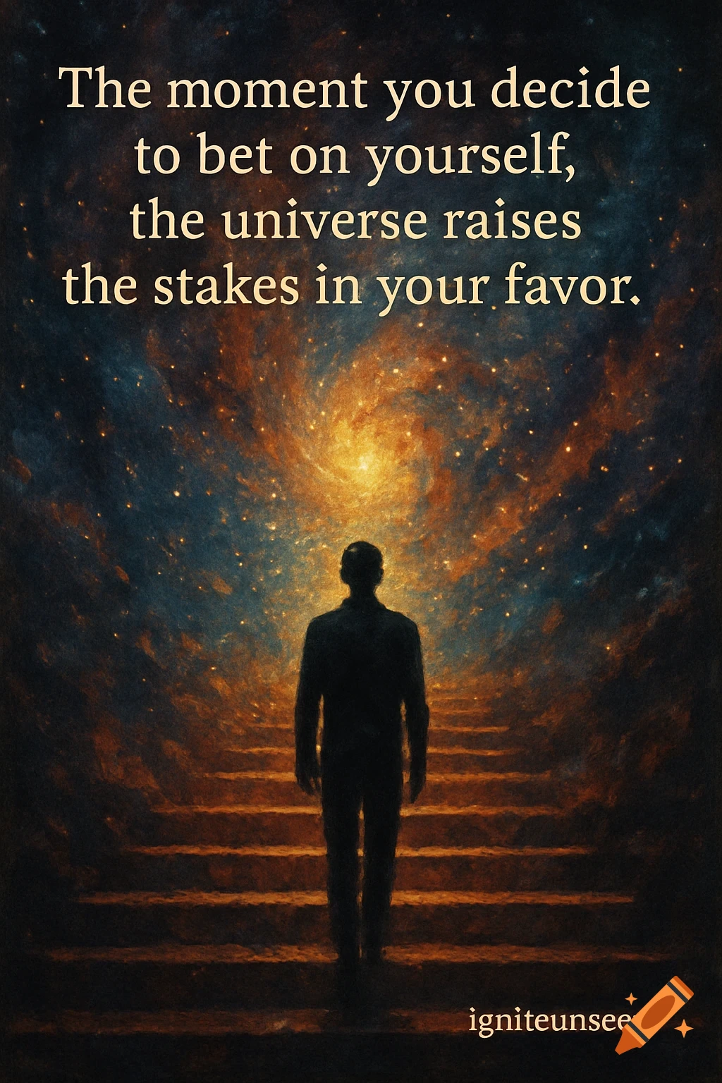 Silhouette of a person ascending stairs towards a vibrant cosmic nebula, with a motivational quote about betting on yourself.