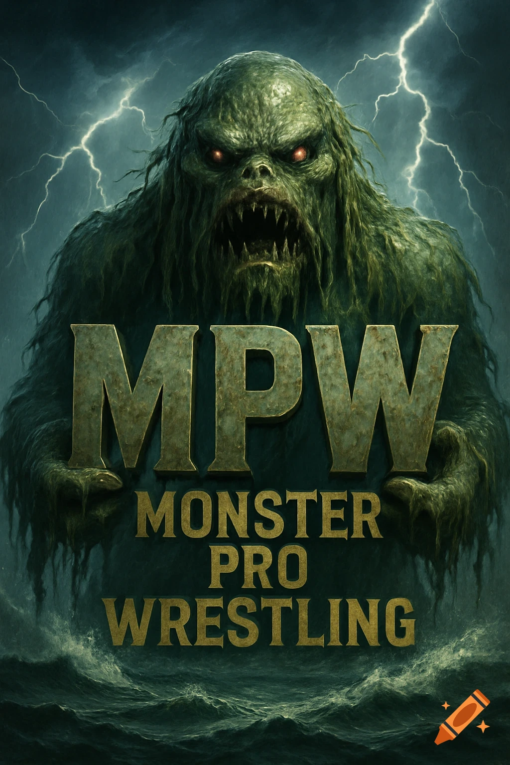 A menacing, green, moss-covered sea monster with red eyes emerges from stormy waters, holding the letters 'MPW' with 'MONSTER PRO WRESTLING' text below, set against a lightning-filled dark sky.