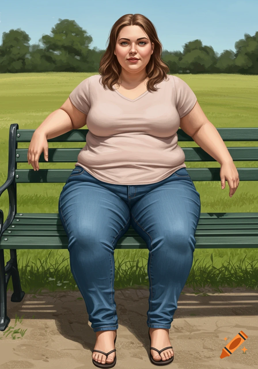 A woman with brown hair sits on a green park bench. She wears a light-colored t-shirt and blue jeans, looking directly at the viewer.