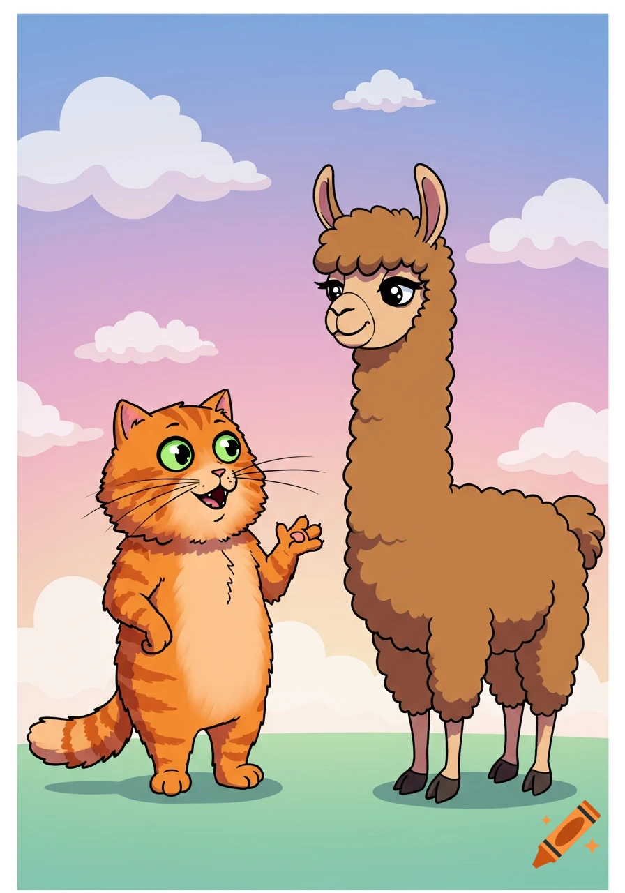 A cartoon orange tabby cat standing on two legs talking to a brown llama under a pink and blue sky with clouds.
