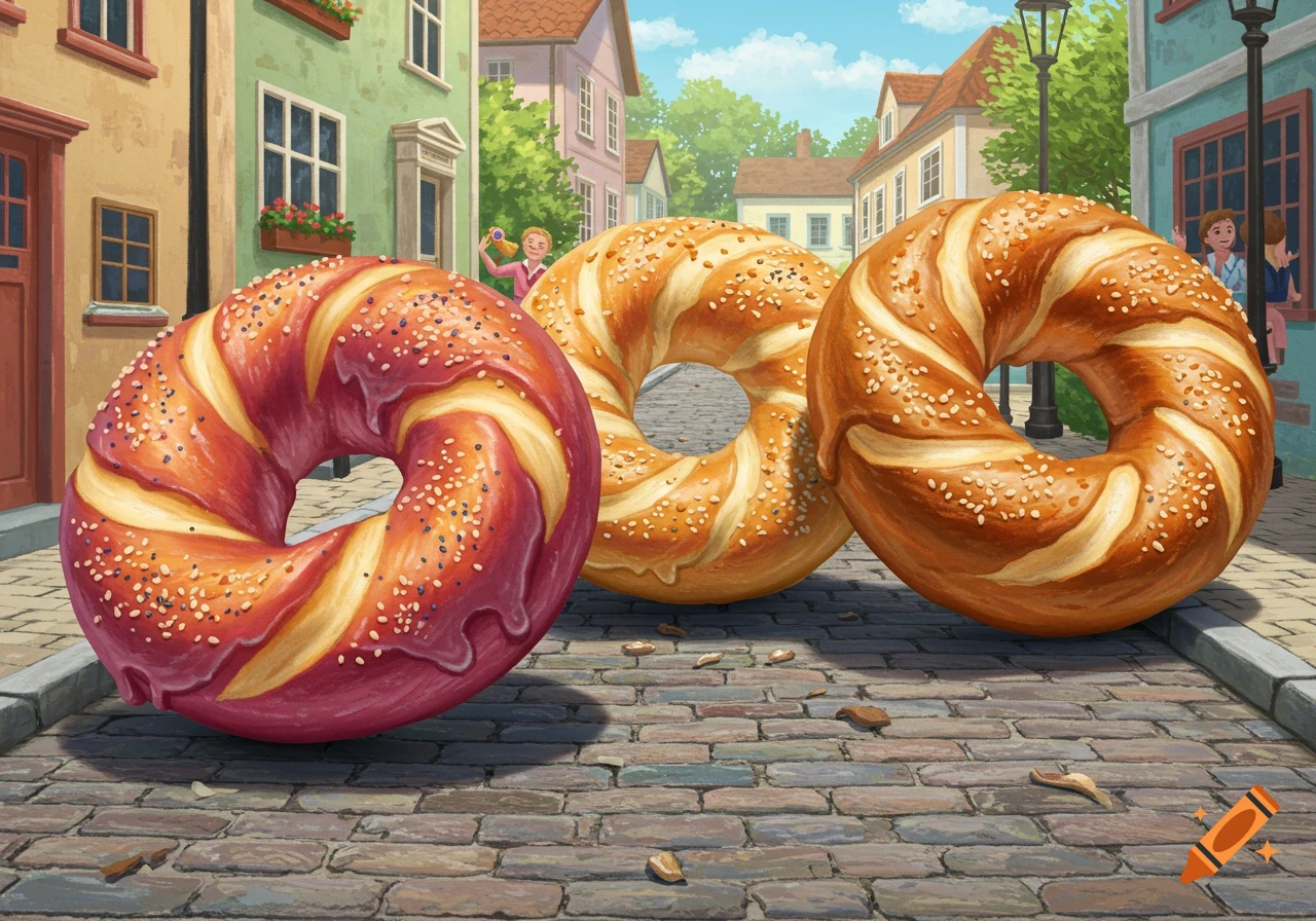 Three large, colorful bagels on a cobblestone street in a town, with buildings and people in the background, illustrated.