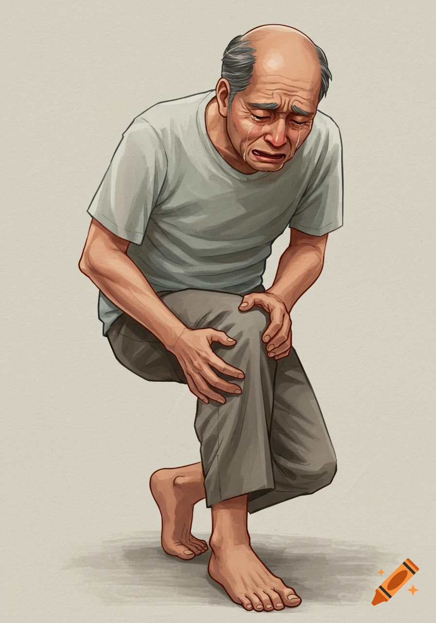 Illustration of an elderly man crying and holding his knee in pain, barefoot.