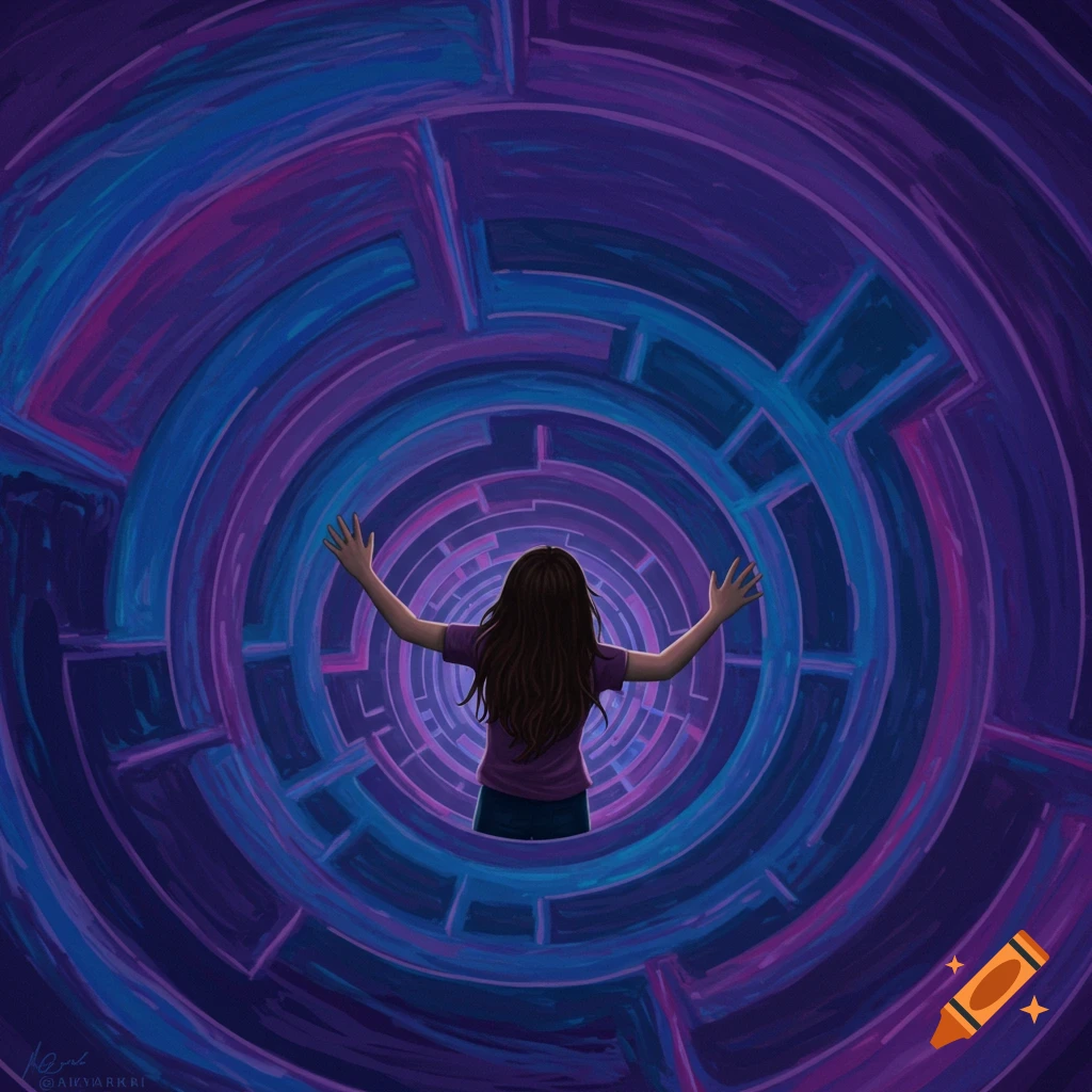 A person with outstretched arms stands in the center of a swirling, glowing purple and blue labyrinth, in a digital art style.