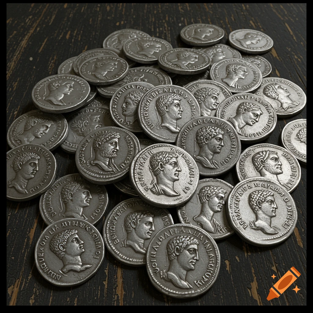 A close-up of a pile of ancient silver Roman coins, featuring various emperors' profiles and garbled inscriptions, on a dark wooden surface.