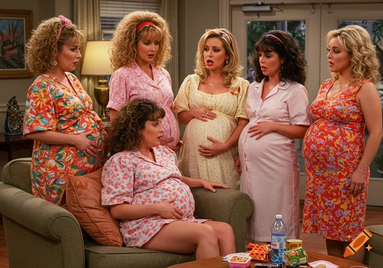 Six very pregnant women with 1980s hairstyles and patterned dresses gather in a living room, some looking surprised.
