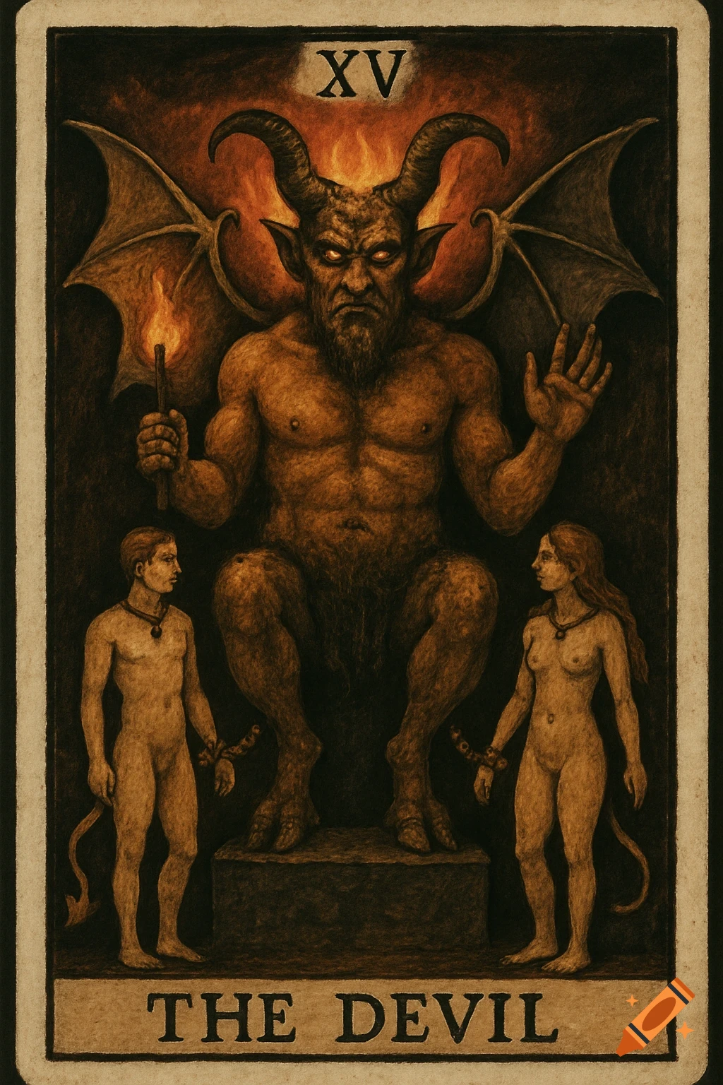 A dark tarot card illustration of the Devil (XV), a horned demon with large wings, flanked by two chained nude figures, one male and one female.